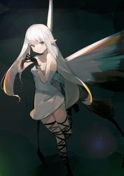Rule 34 | 1girl, absurdres, aerie (bravely default), bare shoulders, black background, black gloves, black thighhighs, bravely default: flying fairy, bravely default (series), butterfly wings, dress, fairy, fingers together, gloves, green eyes, highres, insect wings, leg up, long hair, looking at viewer, pointy ears, short dress, simple background, solo, standing, standing on one leg, strapless, strapless dress, thighhighs, thighs, tsunodriller, white dress, white hair, wings