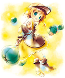 Rule 34 | 1girl, :d, aikei ake, animal, apron, blonde hair, blush, boots, brown apron, brown footwear, brown hat, cross-laced footwear, dress, full body, green eyes, hat, highres, knee boots, lace-up boots, long hair, long sleeves, looking to the side, one side up, open mouth, original, pumpkin, smile, solo, visor cap, yellow dress