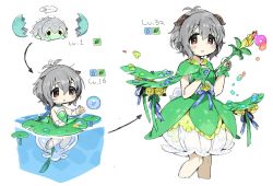 Rule 34 | 1girl, afloat, barefoot, blue nails, blush, brown eyes, bubble, capelet, choker, dress, egg, evolution, fingerless gloves, floating, floating object, flower, gloves, green dress, green gloves, grey hair, hair between eyes, hair flower, hair ornament, hand on own chest, hatching, highres, holding, holding flower, holding wand, horns, idolmaster, idolmaster cinderella girls, level up, lily pad, looking at viewer, mole, mole under eye, multiple views, nail polish, narumiya yume, ribbon choker, see-through, short hair, simple background, sleeveless, spawnfoxy, speech bubble, wand, water, white background
