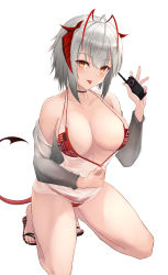 Rule 34 | 1girl, :p, absurdres, ahoge, arknights, bare shoulders, bikini, bikini pull, blush, breasts, cleavage, clothes pull, collarbone, demon girl, demon horns, demon tail, flip-flops, full body, highres, holding, horns, kneeling, large breasts, long sleeves, looking at viewer, nail polish, nankaichimu, off shoulder, red bikini, red eyes, red nails, sandals, see-through, short hair, silver hair, simple background, solo, swimsuit, tail, toenail polish, toenails, tongue, tongue out, w (arknights), white background