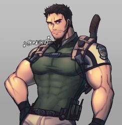 Rule 34 | 1boy, absurdres, artist name, bara, black eyes, black hair, chris redfield, covered abs, covered navel, facial hair, gloves, hand on own hip, highres, large pectorals, looking at viewer, male focus, muscular, oneirio, pectorals, resident evil, resident evil 5, shirt, short sleeves, simple background, skin tight, solo, stubble, taut clothes, taut shirt, tight clothes, tight shirt, upper body