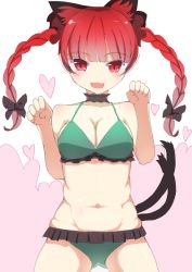 Rule 34 | 1girl, :d, animal ears, bikini, blunt bangs, bow, braid, breasts, cat ears, cat tail, green bikini, hamaburicchi, hands up, kaenbyou rin, looking at viewer, multiple tails, nekomata, open mouth, paw pose, red eyes, red hair, smile, solo, stomach, swimsuit, tail, touhou, twin braids