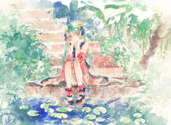 Rule 34 | 1girl, detached sleeves, flower, green eyes, hair flower, hair ornament, hatsune miku, lily pad, long hair, painting (medium), rei (456789io), sitting, smile, solo, stairs, traditional media, twintails, very long hair, vocaloid, water, watercolor (medium)