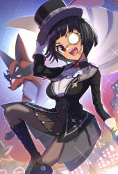 Rule 34 | 1girl, :d, ascot, black footwear, black hair, black headwear, black jacket, boots, brown skirt, commentary request, creatures (company), game freak, gen 8 pokemon, gloves, gonzarez, hand on headwear, hand up, hat, head tilt, highres, jacket, monocle, nintendo, official alternate costume, opaque monocle, open mouth, pantyhose, pokemon, pokemon (creature), pokemon masters ex, red eyes, shirt, skirt, smile, teeth, thievul, tongue, top hat, upper teeth only, white ascot, white gloves, white shirt, zinnia (pokemon), zinnia (special costume) (pokemon)