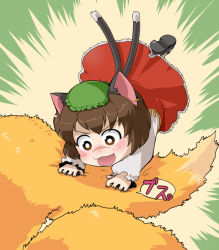Rule 34 | &gt;:3, 1girl, :3, animal ears, bad id, bad pixiv id, blush, brown eyes, brown hair, cat ears, cat girl, cat tail, chen, chibi, earrings, fangs, female focus, fingernails, grimoire-may, hat, holding another&#039;s tail, hugging another&#039;s tail, hugging tail, jewelry, mary janes, multiple tails, shoes, solo focus, tail, tail grab, touhou, v-shaped eyebrows, yakumo ran