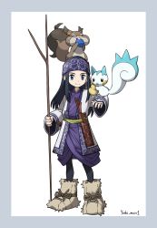 Rule 34 | 1girl, ainu clothes, asirpa, bandana, blue bandana, blue eyes, blue hair, boots, creatures (company), crossover, earrings, eating, full body, fur boots, game freak, golden kamuy, highres, jewelry, long hair, looking at viewer, nintendo, pokemon, pokemon (creature), simple background, teeth, upper teeth only, yoshi (moco1)