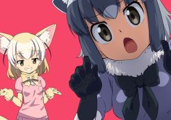 Rule 34 | 10s, :o, animal ears, anime coloring, black gloves, black ribbon, blonde hair, blue hair, breast pocket, brown eyes, common raccoon (kemono friends), fennec (kemono friends), fox ears, fox tail, fur-trimmed gloves, fur collar, fur trim, gloves, grin, kemono friends, looking at viewer, multicolored hair, neck ribbon, open mouth, pink shirt, pocket, raccoon ears, red background, ribbon, shirt, short hair, shrugging, simple background, smile, tail, tomato (lsj44867), yellow gloves, yellow ribbon