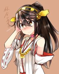 Rule 34 | 10s, 1girl, alternate hairstyle, black hair, blush, brown eyes, choker, detached sleeves, hair ornament, hairband, hairclip, hand on own head, haruna (kancolle), heart-shaped lock, kantai collection, long hair, nontraditional miko, ponytail, simple background, solo, sweat, translation request, tsukui kachou, wavy mouth