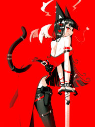 Rule 34 | 1girl, andaerz, animal ears, back cutout, bare back, bare shoulders, belt, black belt, black hair, black thighhighs, bracelet, cat ears, clothing cutout, dress, explosive, feathered wings, from behind, grenade, gun, hair ornament, hairclip, highres, jewelry, leaning forward, original, planted, planted sword, planted weapon, red dress, red eyes, side slit, sleeveless, sleeveless dress, smile, solo, spiked bracelet, spikes, sword, thighhighs, weapon, white wings, wings