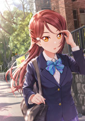 Rule 34 | 1girl, :o, adjusting hair, bag, blue bow, blue bowtie, blue jacket, blue skirt, blue sky, blush, bow, bowtie, branch, building, day, fence, hair ornament, hairclip, highres, jacket, long hair, long sleeves, looking at viewer, love live!, love live! sunshine!!, open mouth, outdoors, parted bangs, pleated skirt, red hair, sakurauchi riko, school bag, school uniform, shamakho, shirt, sign, signature, skirt, sky, solo, stone wall, tree, upper body, wall, white shirt, yellow eyes