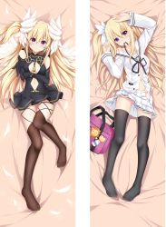 Rule 34 | 1girl, bad id, bad pixiv id, bag, black dress, black gloves, black thighhighs, blonde hair, cleavage cutout, clothing cutout, dakimakura (medium), date a live, dress, earrings, elbow gloves, feathered wings, gloves, hair ribbon, jacket, jewelry, long hair, lying, mayuri (date a live), mouth hold, multiple views, navel, navel cutout, on back, panties, partially unbuttoned, pearl earrings, pink panties, purple eyes, qingye ling, reaching, reaching towards viewer, ribbon, ribbon in mouth, school bag, skirt, thighhighs, underwear, white jacket, white ribbon, white skirt, wings