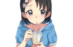 Rule 34 | 1girl, bad id, bad pawoo id, black hair, blue hoodie, cup, disposable cup, djheycha, drawstring, drinking, drinking straw, flower, food, hair flower, hair ornament, hairclip, highres, holding, holding cup, hood, hood down, hoodie, ice cream, idolmaster, idolmaster cinderella girls, looking at viewer, product placement, rabbit hair ornament, sasaki chie, short sleeves, simple background, solo, sweatdrop, wcdonald&#039;s, white background