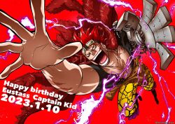 Rule 34 | 1boy, 2023, attack, coat, dated, electricity, eustass kid, evil grin, evil smile, fighting, fur coat, grin, happy birthday, jumping, manly, mechanical arms, moroheiya (moroheiya-works), one piece, perspective, red background, red hair, scar, scar on chest, scar on face, single mechanical arm, smile, solo