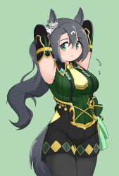 Rule 34 | 1girl, absurdres, animal ears, armpits, arms up, black hair, black pantyhose, black shorts, blush, boots, breasts, commentary request, ear ornament, elbow gloves, gloves, green background, green eyes, hair between eyes, hair ornament, highres, horse ears, horse girl, horse tail, long hair, looking at viewer, medium breasts, mintia1911, multicolored hair, open mouth, pantyhose, satono crown (umamusume), shorts, side ponytail, smile, solo, standing, streaked hair, tail, thigh boots, umamusume, white hair