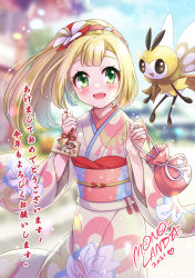 Rule 34 | 1girl, 2021, akeome, blonde hair, blurry, blurry background, blush, commentary request, creature, creatures (company), eyelashes, facing viewer, floating hair, floral print, flying, game freak, gen 2 pokemon, gen 7 pokemon, green eyes, hair ornament, happy new year, heart, highres, holding, japanese clothes, kimono, kotoyoro, lillie (new year&#039;s 2021) (pokemon), lillie (pokemon), long hair, long sleeves, looking at viewer, miltank, mono land, new year, nintendo, obi, official alternate costume, open mouth, outdoors, pokemon, pokemon (creature), pokemon masters ex, ponytail, pouch, ribombee, sash, smile, translation request, wide sleeves