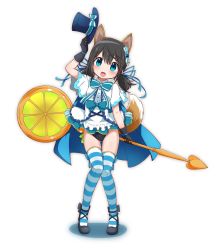 Rule 34 | 1girl, absurdres, animal ears, black footwear, black gloves, black hair, black panties, blouse, blue bow, blue bowtie, blue eyes, blue hat, blue ribbon, blue thighhighs, bow, bowtie, chiaki riko, commentary, dog ears, dog tail, food, fruit, full body, gloves, hair ornament, hair ribbon, halloween, halloween costume, hat, highres, holding, holding clothes, holding hat, holding staff, kemonomimi mode, looking at viewer, low twintails, magia record: mahou shoujo madoka magica gaiden, mahou shoujo madoka magica, mary janes, medium hair, open mouth, orange (fruit), orange slice, panties, ribbon, shadow, shirt, shoes, short sleeves, simple background, smile, solo, staff, standing, striped clothes, striped thighhighs, tail, thigh gap, thighhighs, top hat, twintails, underwear, unworn hat, unworn headwear, white background, white shirt, yanmaami