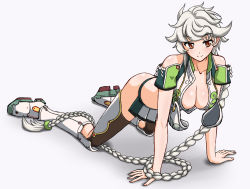 Rule 34 | 10s, 1girl, all fours, asymmetrical hair, braid, breasts, brown eyes, brown thighhighs, cleavage, cloud print, crop top, kantai collection, koutarou (plusdrive), large breasts, leaning forward, long hair, looking at viewer, midriff, miniskirt, onmyouji, silver hair, simple background, single braid, skirt, smile, solo, thighhighs, thighs, unryuu (kancolle), very long hair, wavy hair, white background
