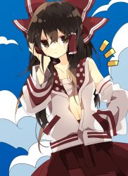Rule 34 | 1girl, alternate costume, bow, brown eyes, brown hair, cloud, collarbone, commentary request, detached sleeves, frilled hair tubes, frills, hair bow, hair tubes, hakurei reimu, hand in pocket, hand on own head, highres, jacket, long hair, looking at viewer, navel, nikorashi-ka, notice lines, one-hour drawing challenge, open clothes, open jacket, outdoors, red bow, red skirt, sarashi, skirt, sleeveless, sleeveless jacket, solo, sweatdrop, touhou, upper body, v-shaped eyebrows