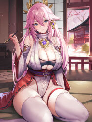 Rule 34 | 1girl, alternate eye color, animal ears, bare shoulders, blue eyes, blush, breasts, cleavage, closed mouth, crossed bangs, detached sleeves, earrings, flower knot, fox ears, genshin impact, groin, hair between eyes, hair ornament, highres, holding, holding paintbrush, huge breasts, japanese clothes, jewelry, large breasts, long hair, looking at viewer, matsumoto mitsuaki, nontraditional miko, paintbrush, pink hair, ribbon trim, sitting, smile, solo, tassel, thick thighs, thighhighs, thighs, underboob, white thighhighs, wide sleeves, yae miko, yokozuwari