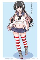 Rule 34 | alternate costume, black hair, black neckerchief, black panties, blue background, blue sailor collar, blue skirt, blush, border, breasts, collarbone, colored inner hair, cosplay, crop top, dated, elbow gloves, embarrassed, gloves, hairband, highleg, highleg panties, kantai collection, large breasts, long hair, masara (chuujou), microskirt, multicolored hair, naganami (kancolle), naganami kai ni (kancolle), neckerchief, panties, pink hair, sailor collar, shimakaze (kancolle), shimakaze (kancolle) (cosplay), skirt, striped clothes, striped thighhighs, thighhighs, twitter username, two-tone hair, underwear, wavy hair, white border, white gloves, white hairband, yellow eyes