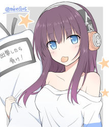 Rule 34 | 1girl, azur lane, bare shoulders, blue eyes, blush, breasts, brown hair, chips (food), collarbone, dakimakura (object), food, food in mouth, grey background, hair between eyes, head tilt, headphones, holding, long hair, long island (azur lane), long island (long island - indoor slacker) (azur lane), looking at viewer, medium breasts, mouth hold, hugging object, off-shoulder shirt, off shoulder, pillow, pillow hug, potato chips, shirt, smile, solo, star (symbol), t-shirt, t@ke-g, translated, twitter username, two-tone background, upper body, white background, white shirt