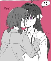 Rule 34 | !, 2girls, awa subaru, collared shirt, commentary request, girls band cry, greyscale with colored background, hair ribbon, hand on another&#039;s shoulder, highres, iseri nina, kiss, long hair, long sleeves, multiple girls, pink background, purple eyes, ribbon, shirt, short twintails, soko kikuchi, spoken exclamation mark, spot color, twintails, upper body, yuri