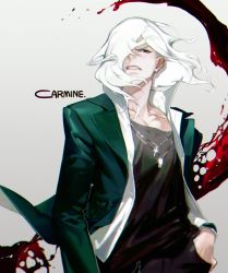 Rule 34 | 1boy, blood, carmine (under night in-birth), chain, character name, chromatic aberration, clenched teeth, collarbone, cross, dog tags, film grain, glint, gradient background, green eyes, grey background, hair over one eye, hand in pocket, hemokinesis, highres, jewelry, long hair, looking at viewer, male focus, necklace, on (onon2659), sharp teeth, solo, teeth, under night in-birth, white hair