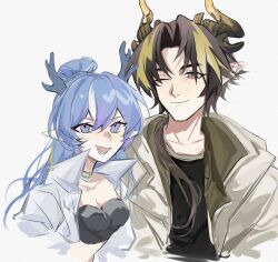 Rule 34 | 1boy, 1girl, ;), arknights, black hair, black horns, blonde hair, blue eyes, blue hair, blue horns, brown hair, brown horns, chinese commentary, chong yue (arknights), closed mouth, commentary request, cropped torso, dragon boy, dragon girl, dragon horns, grey background, grey eyes, hair between eyes, high collar, horns, ling (arknights), long hair, looking at viewer, multicolored hair, naideernail, one eye closed, open mouth, pointy ears, purple hair, simple background, sketch, smile, streaked hair