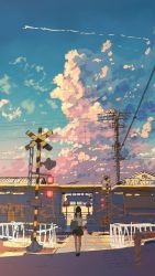 Rule 34 | 1girl, bag, blue sky, cloud, cloudy sky, commentary request, contrail, facing away, from behind, highres, ikegami kouki, long hair, low twintails, manhole cover, original, outdoors, pleated skirt, power lines, railroad crossing, railroad signal, scenery, school bag, school uniform, serafuku, shadow, shirt, skirt, sky, socks, solo, standing, sunlight, twintails, unfinished, sketch background, utility pole, white shirt, wide shot