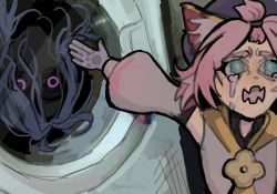 Rule 34 | blue eyes, blue hair, cat girl, crying, darkness, detached sleeves, diona (genshin impact), fangs, genshin impact, gloves, glowing, glowing eyes, hair tie, kamisato ayato, nightmare fuel, open mouth, pink hair, puepelina, shadow, washing machine