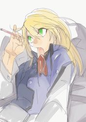 Rule 34 | 1girl, bad id, bad pixiv id, blazblue, casual, food, food in mouth, green eyes, hair down, hyakuhachi (over3), long hair, noel vermillion, pen, sausage, solo