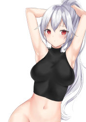 Rule 34 | 1girl, :/, absurdres, arms behind head, black shirt, blush, bottomless, breasts, fate/grand order, fate (series), highres, long hair, looking at viewer, medium breasts, navel, ponytail, shirt, silver hair, simple background, solo, tank top, taruton (konritu0821), tomoe gozen (fate), white background