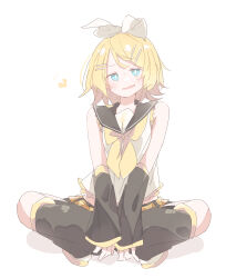 Rule 34 | 1girl, absurdres, bare shoulders, black sailor collar, black sleeves, blonde hair, blue eyes, blush, bow, commentary, detached sleeves, full body, hair bow, hair ornament, hairclip, heart, highres, kagamine rin, looking at viewer, neckerchief, nunumo, open mouth, sailor collar, shirt, simple background, sitting, sleeveless, sleeveless shirt, solo, vocaloid, wariza, wavy mouth, white background, white bow, white shirt, yellow neckerchief