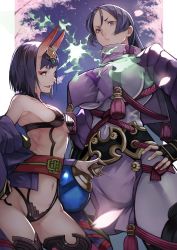 Rule 34 | 2girls, :t, arm guards, bare shoulders, black gloves, bob cut, bodysuit, breasts, cherry blossoms, closed mouth, collarbone, covered navel, eye contact, eyeliner, fangs, fate/grand order, fate (series), fingerless gloves, gem, gloves, groin, hair between eyes, headpiece, high collar, highres, horns, japanese clothes, jewelry, kimono, large breasts, loincloth, long hair, looking at another, low-tied long hair, makeup, minamoto no raikou (fate), multiple girls, navel, obi, off shoulder, oni, open clothes, open kimono, open mouth, parted bangs, petals, pout, puffy cheeks, purple bodysuit, purple eyes, purple hair, purple kimono, revealing clothes, ribbed sleeves, rope, sash, short eyebrows, short hair, shuten douji (fate), skin-covered horns, sky, small breasts, smile, tabard, thighs, very long hair, wide sleeves, yoshio (55level)
