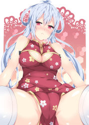Rule 34 | 1girl, ahoge, bare shoulders, blue hair, blush, breasts, chinese clothes, cleavage, cleavage cutout, clothing cutout, covered navel, long hair, looking at viewer, matoi (pso2), medium breasts, milkpanda, phantasy star, phantasy star online 2, pink eyes, solo, spread legs, thighhighs, twintails, white thighhighs