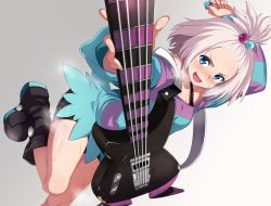 Rule 34 | 1girl, absurdres, bass guitar, bike shorts, blue eyes, blush, boots, bra strap, breasts, creatures (company), dress, forehead, freckles, game freak, hair bobbles, hair ornament, highres, instrument, jumping, maki ikazuya, nintendo, perspective, plectrum, pokemon, pokemon bw2, roxie (pokemon), small breasts, solo, strapless, strapless dress, striped clothes, striped dress, thighs, topknot, white hair