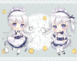 Rule 34 | 2girls, :d, apron, arlene (ju), azur lane, belfast (azur lane), bird, black dress, black footwear, blue ribbon, blush, border, bow, braid, chestnut mouth, chibi, commentary request, cup, dress, elbow gloves, gloves, grey background, hair ribbon, hand up, lace, lace border, little bel (azur lane), long hair, looking at viewer, maid, maid headdress, mary janes, multiple girls, one side up, open mouth, ornate border, pantyhose, purple eyes, ribbon, shoes, silver hair, simple background, sleeveless, sleeveless dress, smile, standing, standing on one leg, teacup, teapot, tray, very long hair, waist apron, white apron, white gloves, white legwear, yellow bow