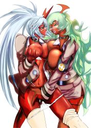Rule 34 | 10s, 2girls, :o, blue hair, blush, breast press, breasts, buttons, collar, colored skin, demon girl, fingering, fingernails, glasses, green hair, head wings, highres, horns, incest, kneesocks (psg), large breasts, lips, lipstick, long hair, loose thighhigh, makeup, multiple girls, niu ju (orange bull), open mouth, otzer, panties, panty &amp; stocking with garterbelt, panty pull, ponytail, red skin, scanty (psg), siblings, single horn, sisters, skindentation, sweat, thighhighs, underwear, very long hair, wings, yuri