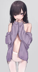 Rule 34 | 1girl, akipeko, bad id, bad twitter id, bare shoulders, black hair, blush, breasts, highres, jacket, long hair, long sleeves, looking at viewer, no bra, no shirt, open clothes, open jacket, open mouth, original, pantyhose, purple jacket, small breasts, standing, swept bangs, upper body, white pantyhose