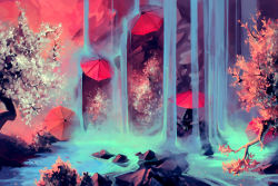 Rule 34 | blue theme, cyril rolando, indian style, nature, original, pants, red theme, rock, sitting, solo, tree, umbrella, water, waterfall
