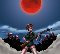 Rule 34 | 1girl, bayonet, gun, m1 garand, masked v, moon, red moon, rifle, weapon
