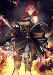 Rule 34 | 1girl, absurdres, arknights, bare shoulders, black jacket, black thighhighs, breasts, chest strap, demon horns, feet out of frame, fire, hair between eyes, highres, horns, jacket, jacket partially removed, large breasts, long hair, looking at viewer, off shoulder, open clothes, open jacket, open mouth, purple eyes, red hair, shakkiyi, solo, surtr (arknights), thighhighs, underbust, wing collar