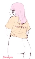 Rule 34 | 1girl, ass, bad id, bad tumblr id, blush, bottomless, chadolbaegi, clothes writing, commentary, english commentary, english text, flat ass, from behind, long hair, original, pink hair, shirt, simple background, solo, t-shirt, thick thighs, thighs, white background
