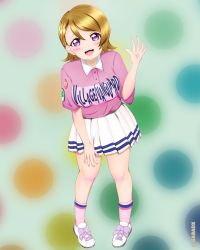 Rule 34 | 1girl, artist name, artist request, bare legs, blush, breasts, brown hair, buttons, clothes writing, collared shirt, cross-laced footwear, female focus, footwear bow, full body, hair between eyes, hand wave, highres, koizumi hanayo, layered skirt, looking at viewer, love live!, love live! school idol festival, love live! school idol project, miniskirt, nail, nail polish, parted lips, pink nails, pink nails, pink shirt, plaid, plaid skirt, pleated, pleated skirt, purple eyes, shirt, shoes, short hair, short sleeves, skirt, smile, sneakers, solo, white footwear, white skirt