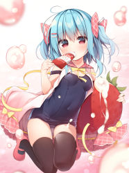 Rule 34 | 1girl, bare shoulders, black thighhighs, blue hair, blue one-piece swimsuit, bow, breasts, commentary request, condensed milk, dress, food, fruit, gluteal fold, hair between eyes, hair bow, hair ornament, hairclip, hanamiya natsuka, knees together feet apart, looking at viewer, old school swimsuit, one-piece swimsuit, open door, original, pink bow, pink dress, pink sailor collar, plaid, plaid bow, plaid sailor collar, red eyes, red footwear, sailor collar, sailor dress, school swimsuit, shoes, sleeveless, sleeveless dress, small breasts, solo, strap slip, strawberry, swimsuit, thighhighs, two side up, yellow bow