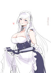 Rule 34 | 1girl, absurdres, apron, apron lift, azur lane, bare shoulders, belfast (azur lane), blush, braid, breasts, broken, broken chain, chain, cleavage, closed mouth, clothes lift, collar, commentary request, french braid, frilled apron, frilled gloves, frills, gloves, heart, highres, large breasts, long hair, looking at viewer, maid, maid apron, maid headdress, mogi yasunobu, purple eyes, silver hair, sketch, smile, solo, standing, white apron, white gloves
