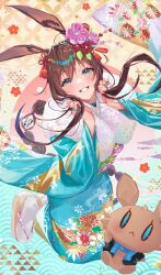 Rule 34 | 1girl, :d, abstract background, absurdres, alternate costume, amiya (arknights), animal ear fluff, animal ears, arknights, blue choker, blue eyes, blue kimono, blush, braid, brown hair, choker, flower, full body, fur collar, gradient background, grin, hair flower, hair ornament, highres, japanese clothes, jewelry, kimono, long hair, long sleeves, looking at viewer, monge baby, multiple rings, open mouth, parted lips, pink flower, rabbit ears, red flower, ring, single braid, smile, socks, solo, stuffed animal, stuffed rabbit, stuffed toy, tabi, tassel, very long hair, white socks, wide sleeves