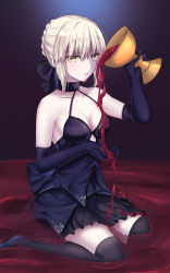 Rule 34 | 1girl, artoria pendragon (all), artoria pendragon (fate), black bow, black dress, black footwear, black gloves, black thighhighs, blonde hair, bow, braid, breasts, chalice, cup, dress, elbow gloves, fate/grand order, fate (series), french braid, gloves, chalice, hair bow, hair bun, high heels, highres, holy grail (fate), pouring, saber alter, short dress, sii artatm, single hair bun, sitting, sleeveless, sleeveless dress, small breasts, solo, thighhighs, wariza, yellow eyes