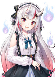 Rule 34 | 1girl, :3, :d, alternate costume, bare shoulders, black ribbon, blue ribbon, blush, clothing cutout, eyelashes, fang, frilled hairband, frilled neckwear, frills, gradient hair, hair ribbon, hairband, high-waist skirt, hitodama, hololive, horns, lolita fashion, lolita hairband, long hair, looking at viewer, maid headdress, multicolored hair, nakiri ayame, nakiri ayame (girly), neck ribbon, oni, open mouth, pensuke, pink hair, plaid, plaid ribbon, red eyes, ribbon, shoulder cutout, silver hair, simple background, skin-covered horns, skirt, smile, solo, suspender skirt, suspenders, upper body, virtual youtuber, white background