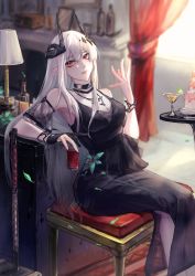 Rule 34 | 1girl, absurdres, arknights, bare shoulders, black choker, black dress, bottle, choker, cocktail glass, commentary, cup, curtains, dress, drinking glass, feet out of frame, hair between eyes, hand up, highres, honoo (junyayang0813), horns, indoors, lamp, long hair, looking at viewer, mudrock (arknights), mudrock (obsidian) (arknights), official alternate costume, pointy ears, red eyes, sitting, solo, very long hair, white background, window